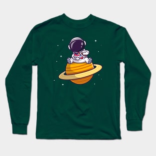 Cute Astronaut Brushing Shoes On Planet Cartoon Long Sleeve T-Shirt